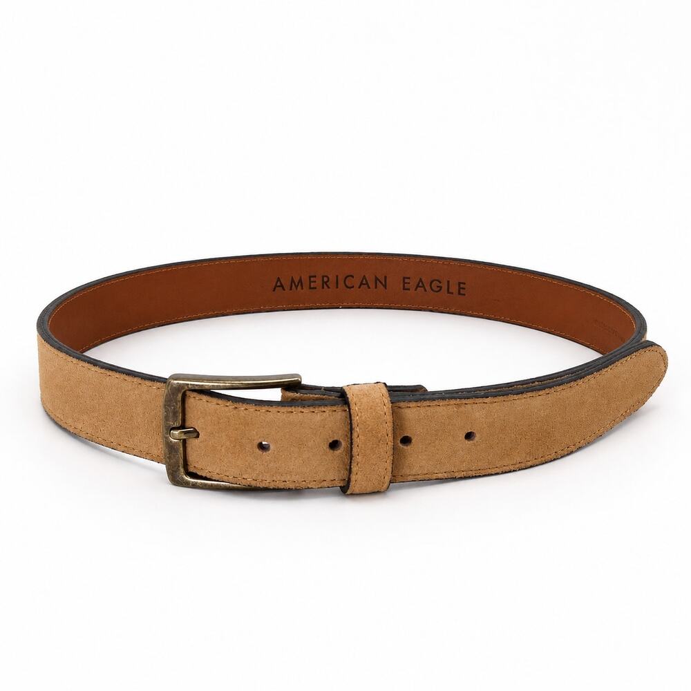 American Eagle Suede‎ Leather Belt Brass Tone Buckle Tan Medium Unisex M Brown